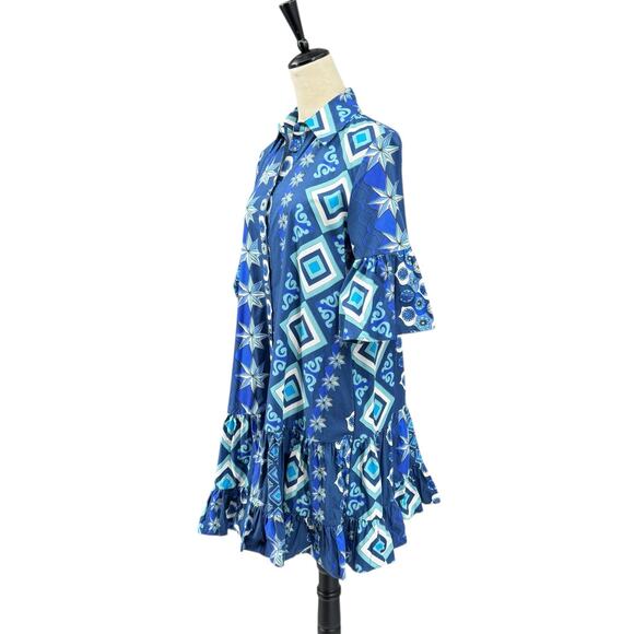La Double J Choux Costiera Blue Print Flounce Cotton Poplin Mini Shirt Dress - Picture 5 of 16